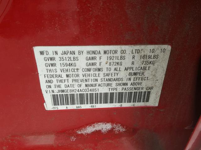 JHMGE8H24AC034851 - 2010 HONDA FIT RED photo 10