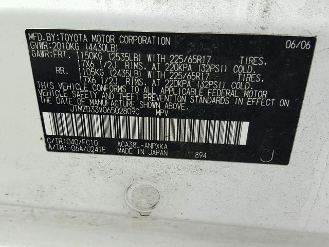 JTMZD33V065028090 - 2006 TOYOTA RAV4 WHITE photo 10