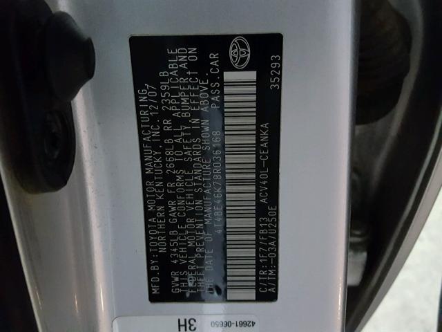 4T4BE46K78R036168 - 2008 TOYOTA CAMRY CE SILVER photo 10