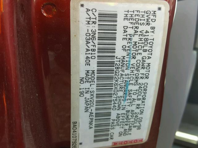 JT2BG22K6X0275440 - 1999 TOYOTA CAMRY LE RED photo 10