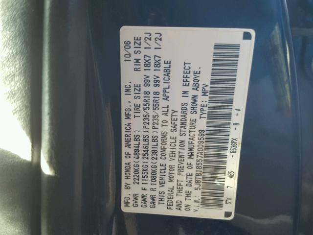 5J8TB18557A009599 - 2007 ACURA RDX TECHNO BLUE photo 10