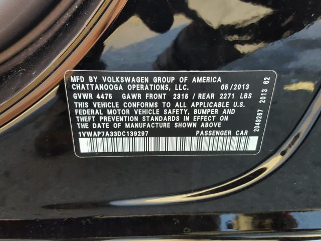 1VWAP7A33DC139297 - 2013 VOLKSWAGEN PASSAT S შავი ფოტო 10