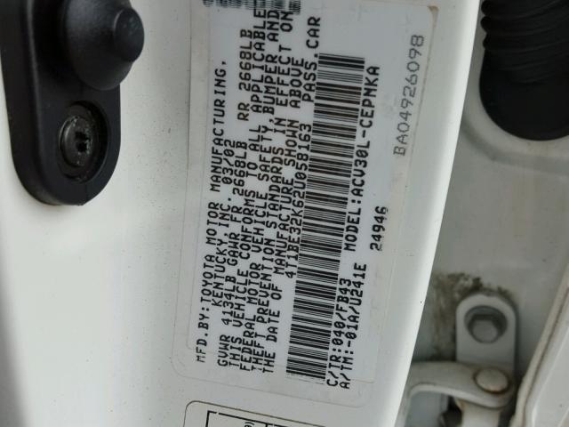 4T1BE32K62U058163 - 2002 TOYOTA CAMRY LE WHITE photo 10