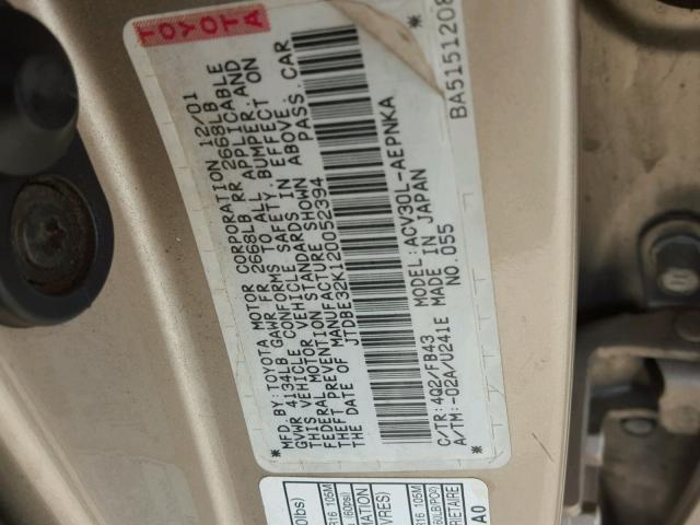 JTDBE32K120052394 - 2002 TOYOTA CAMRY LE GOLD photo 10