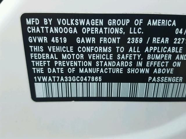 1VWAT7A33GC047865 - 2016 VOLKSWAGEN PASSAT S თეთრი ფოტო 10
