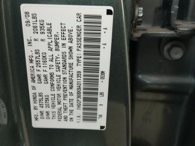 1HGCP368X9A011359 - 2009 HONDA ACCORD EXL GRAY photo 10