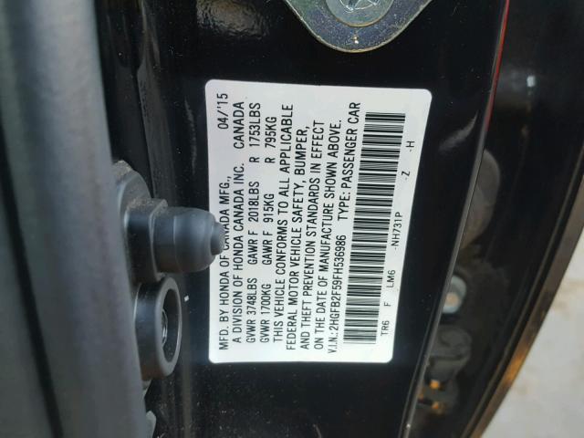 2HGFB2F59FH536986 - 2015 HONDA CIVIC LX BLACK photo 10