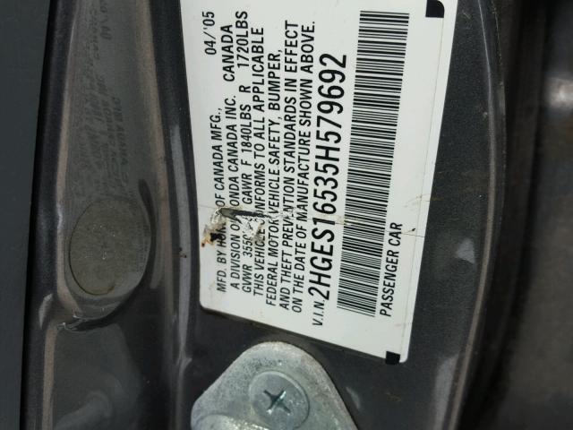 2HGES16535H579692 - 2005 HONDA CIVIC LX SILVER photo 10