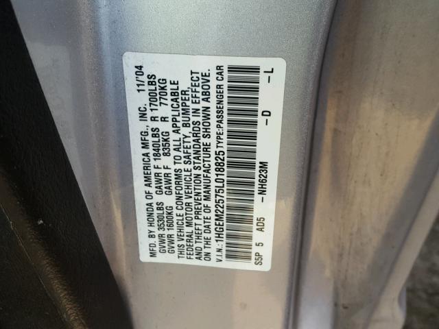 1HGEM22575L018825 - 2005 HONDA CIVIC LX SILVER photo 10