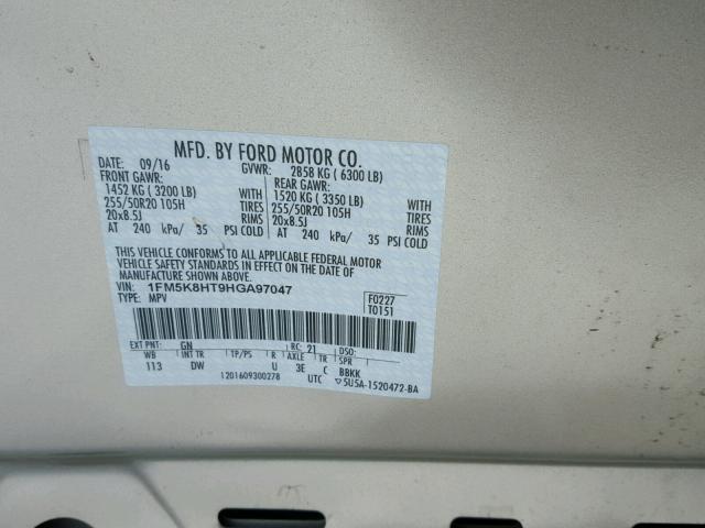 1FM5K8HT9HGA97047 - 2017 FORD EXPLORER P GOLD photo 10