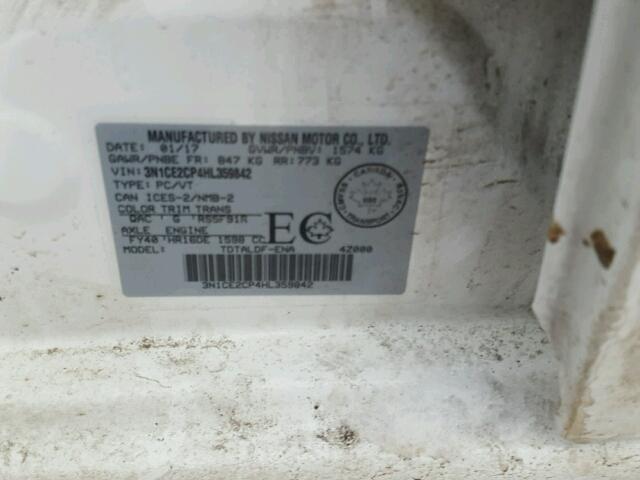 3N1CE2CP4HL359842 - 2017 NISSAN VERSA NOTE WHITE photo 10