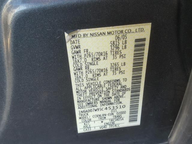 1N6AD07W95C453510 - 2005 NISSAN FRONTIER C GRAY photo 10