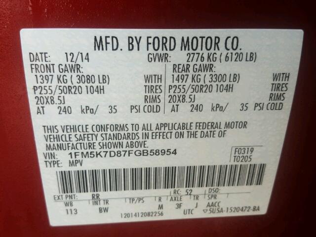 1FM5K7D87FGB58954 - 2015 FORD EXPLORER X RED photo 10