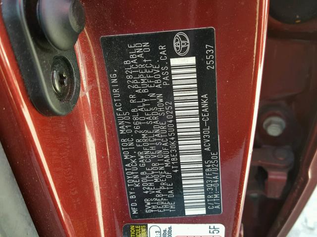 4T1BE30K45U040252 - 2005 TOYOTA CAMRY LE RED photo 10