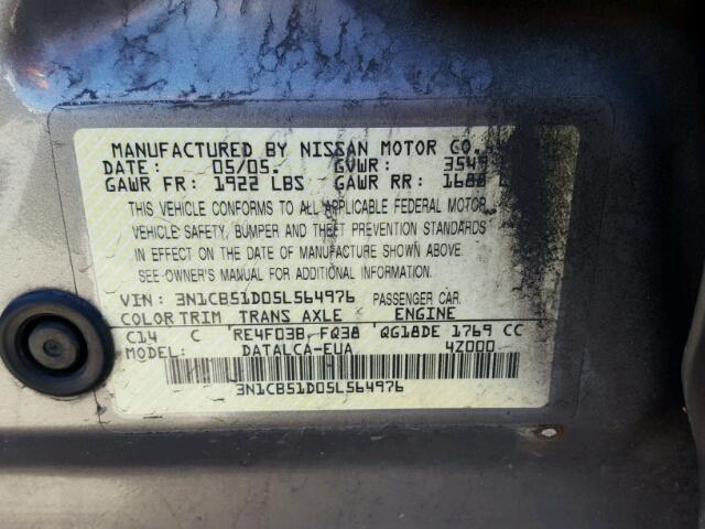 3N1CB51D05L564976 - 2005 NISSAN SENTRA 1.8 GOLD photo 10