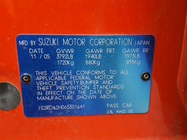 JS2RD62H065351641 - 2006 SUZUKI AERIO RED photo 10