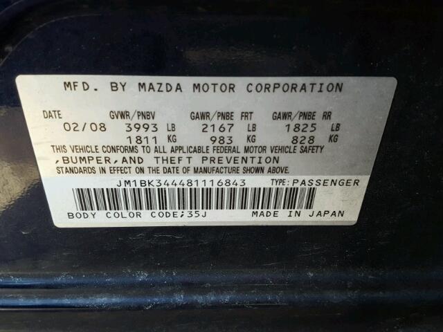 JM1BK344481116843 - 2008 MAZDA 3 HATCHBAC BLUE photo 10