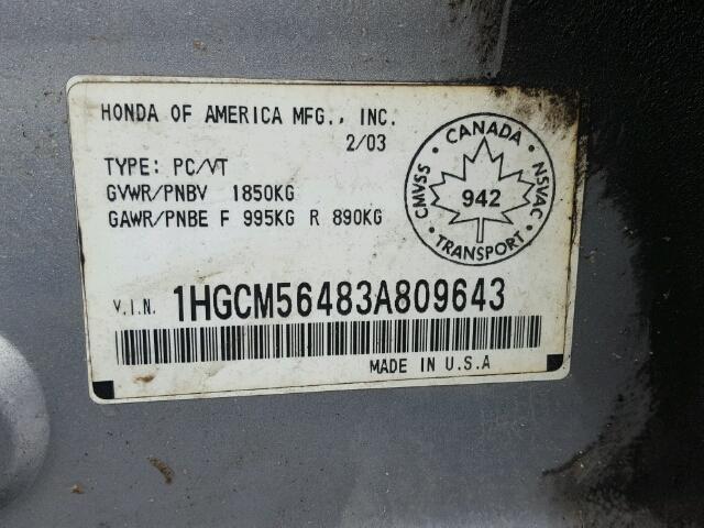 1HGCM56483A809643 - 2003 HONDA ACCORD LX SILVER photo 10