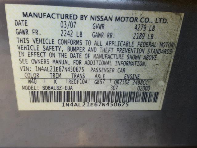 1N4AL21E67N450675 - 2007 NISSAN ALTIMA 2.5 GRAY photo 10