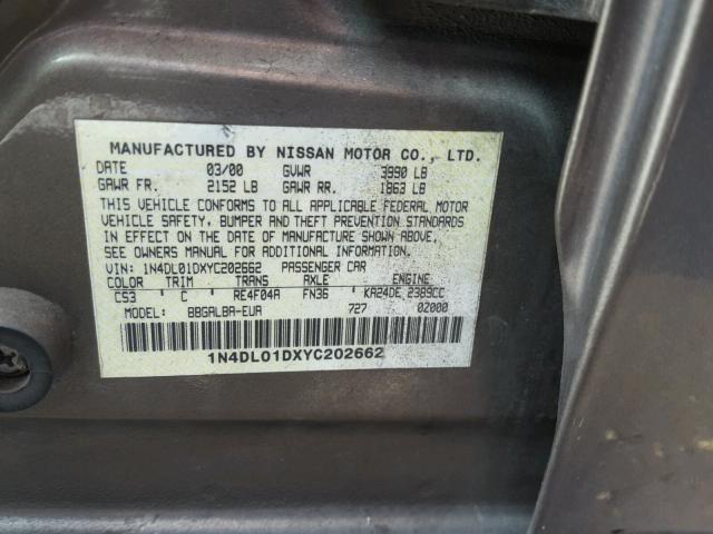 1N4DL01DXYC202662 - 2000 NISSAN ALTIMA XE GRAY photo 10