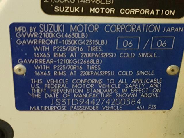 JS3TD944274200384 - 2007 SUZUKI GRAND VITA WHITE photo 10