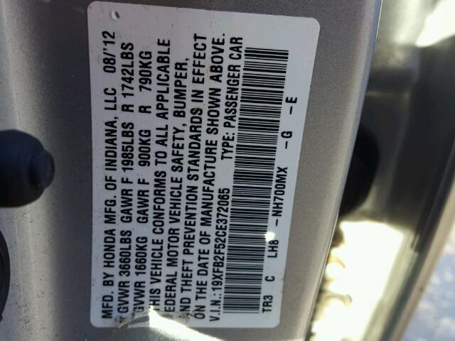 19XFB2F52CE372065 - 2012 HONDA CIVIC LX SILVER photo 10