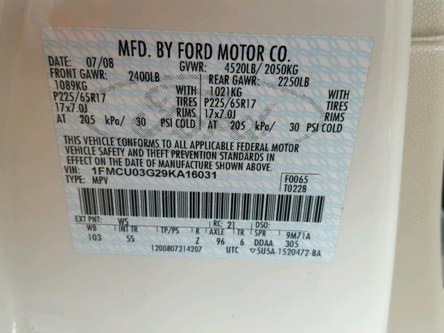 1FMCU03G29KA16031 - 2009 FORD ESCAPE XLT WHITE photo 10