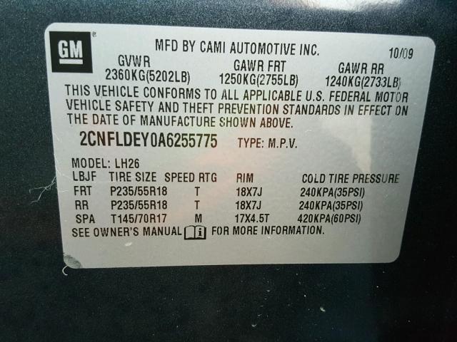 2CNFLDEY0A6255775 - 2010 CHEVROLET EQUINOX LT GRAY photo 10