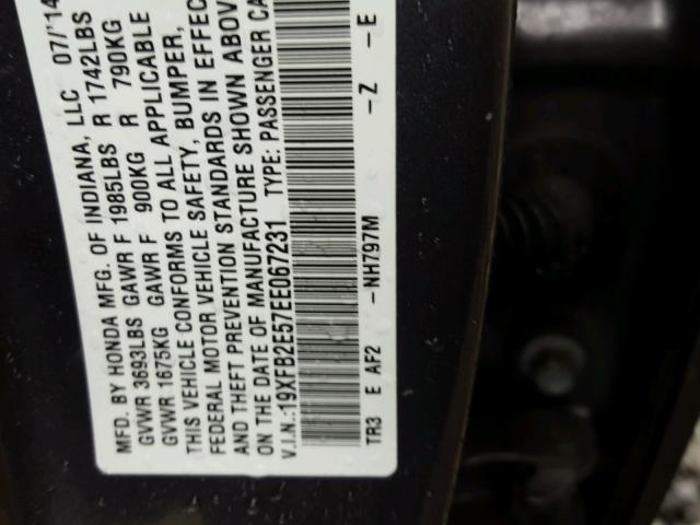 19XFB2E57EE067231 - 2014 HONDA CIVIC LX GRAY photo 10