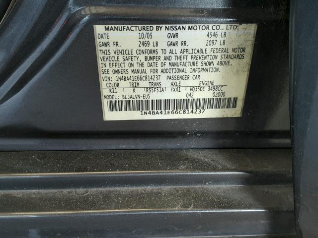 1N4BA41E66C814237 - 2006 NISSAN MAXIMA SE CHARCOAL photo 10