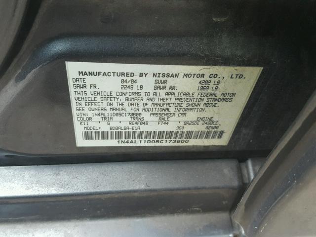 1N4AL11D05C173600 - 2005 NISSAN ALTIMA S GRAY photo 10