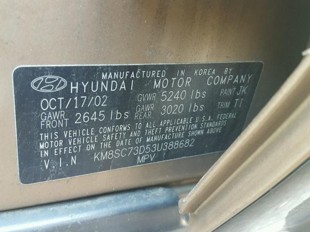 KM8SC73D53U388682 - 2003 HYUNDAI SANTA FE G GOLD photo 10