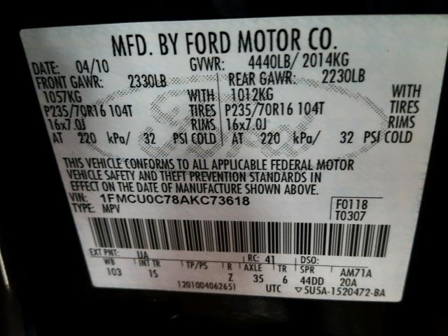 1FMCU0C78AKC73618 - 2010 FORD ESCAPE XLS BLACK photo 10