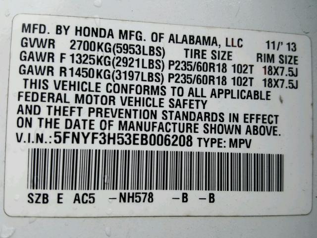 5FNYF3H53EB006208 - 2014 HONDA PILOT EXL WHITE photo 10