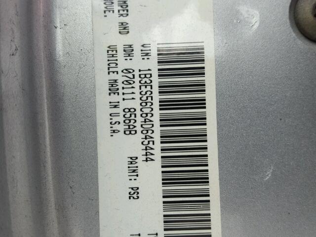 1B3ES56C64D645444 - 2004 DODGE NEON SXT SILVER photo 10