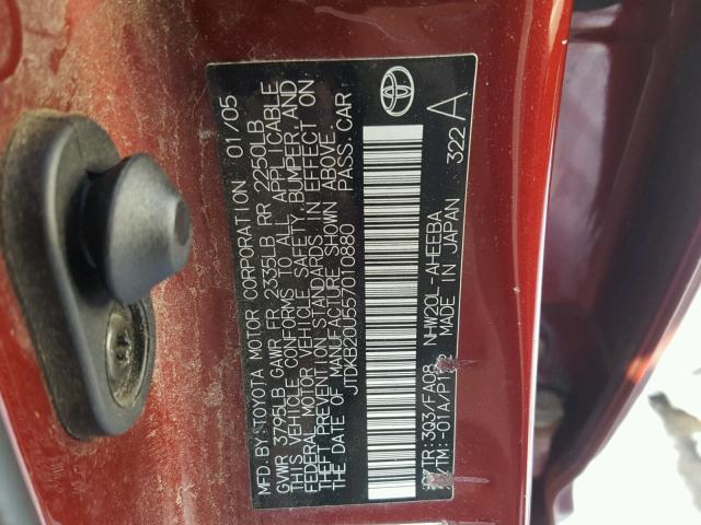 JTDKB20U557010880 - 2005 TOYOTA PRIUS BURGUNDY photo 10