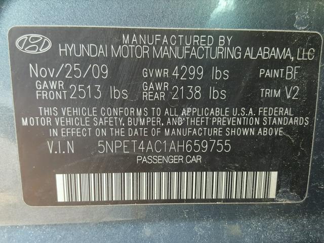 5NPET4AC1AH659755 - 2010 HYUNDAI SONATA GLS BLUE photo 10