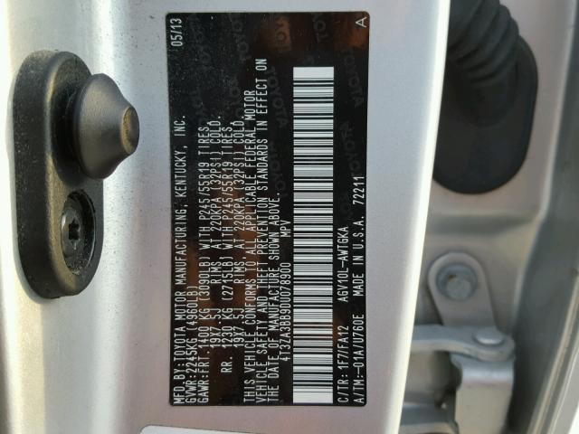 4T3ZA3BB9DU078900 - 2013 TOYOTA VENZA LE SILVER photo 10