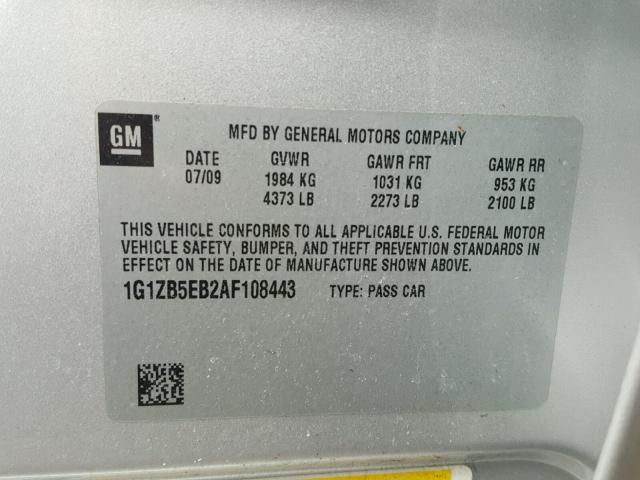 1G1ZB5EB2AF108443 - 2010 CHEVROLET MALIBU LS SILVER photo 10