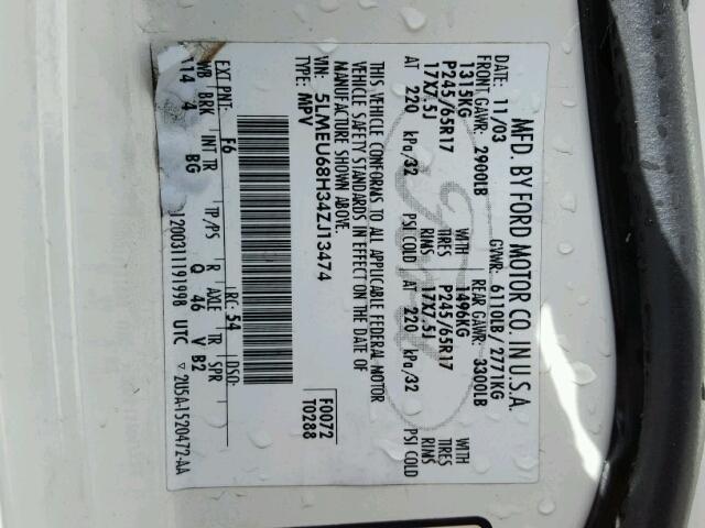 5LMEU68H34ZJ13474 - 2004 LINCOLN AVIATOR 白色 照片 10