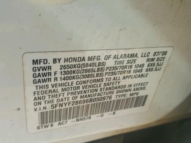 5FNYF28696B050976 - 2006 HONDA PILOT EX WHITE photo 10