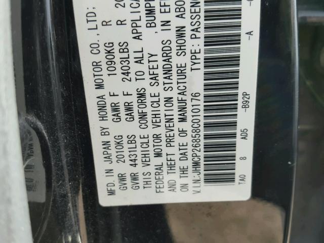 JHMCP26858C010176 - 2008 HONDA ACCORD EXL BLACK photo 10