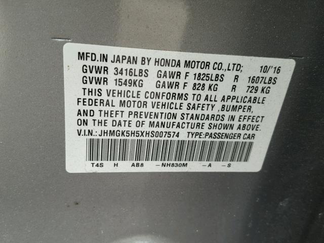 JHMGK5H5XHS007574 - 2017 HONDA FIT LX SILVER photo 10