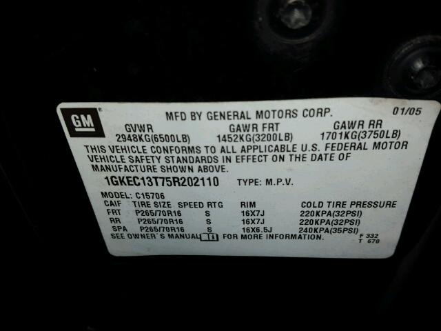 1GKEC13T75R202110 - 2005 GMC YUKON Czarny zdjęcie 10