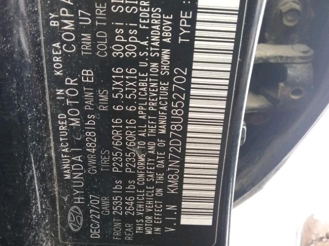 KM8JN72D78U852702 - 2008 HYUNDAI TUCSON SE BLACK photo 10