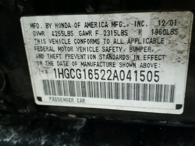 1HGCG16522A041505 - 2002 HONDA ACCORD EX BLACK photo 10