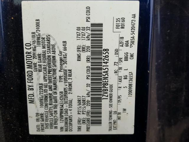 1ZVBP8EN5A5142658 - 2010 FORD MUSTANG BLUE photo 10