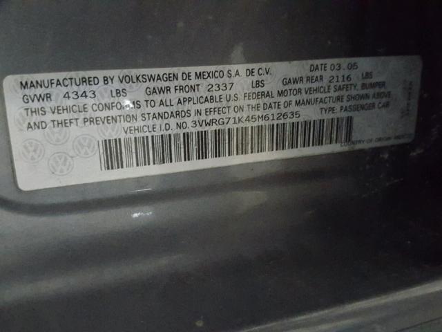 3VWRG71K45M612635 - 2005 VOLKSWAGEN NEW JETTA GRAY photo 10