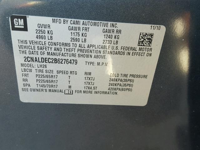 2CNALDEC2B6276479 - 2011 CHEVROLET EQUINOX LT GRAY photo 10