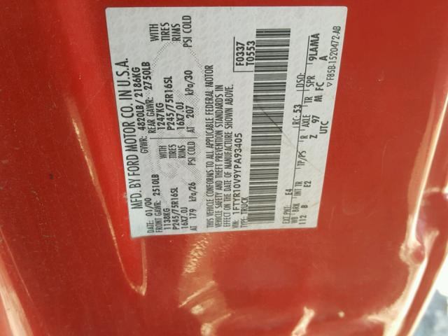 1FTYR10V9YPA93405 - 2000 FORD RANGER RED photo 10